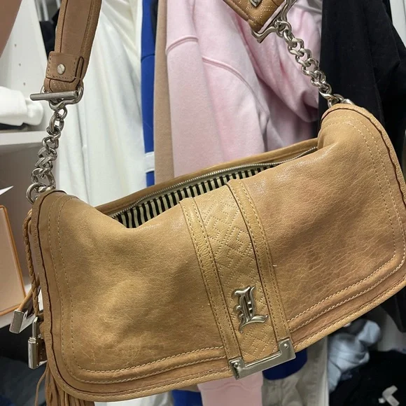 L.A.M.B. Brown Tan Leather Tassel Chain Strap Hobo Shoulder Bag Purse - Picture 1 of 9